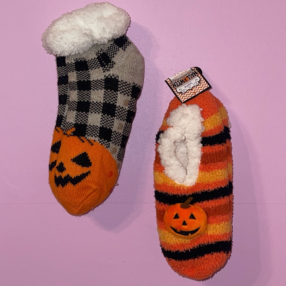Goth gothic Halloween fall holiday pumpkin witch fuzzy furry cozy socks slippers